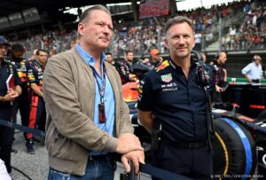 epa10722491 Red Bull Racing team principal Christian Horner of (R) and Jos Verstappen, father of Dutch Formula One driver Max Verstappen of Red Bull Racing, before the Formula 1 Austrian Grand Prix at the Red Bull Ring race track in Spielberg, Austria, 02 July 2023.  EPA/CHRISTIAN BRUNA